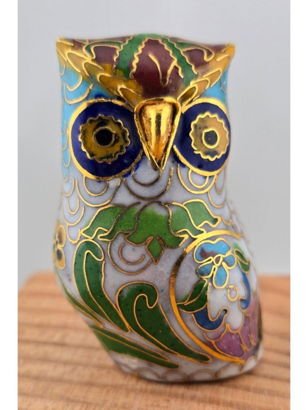 Vintage Chinese Cloisonné Owl Brass and Enamel 2"